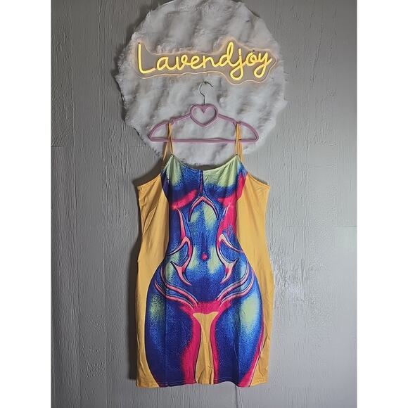 Bodycon Bright Neon Multicolor X-Ray Vision Womens Dress Plus Size XL - Picture 1 of 7